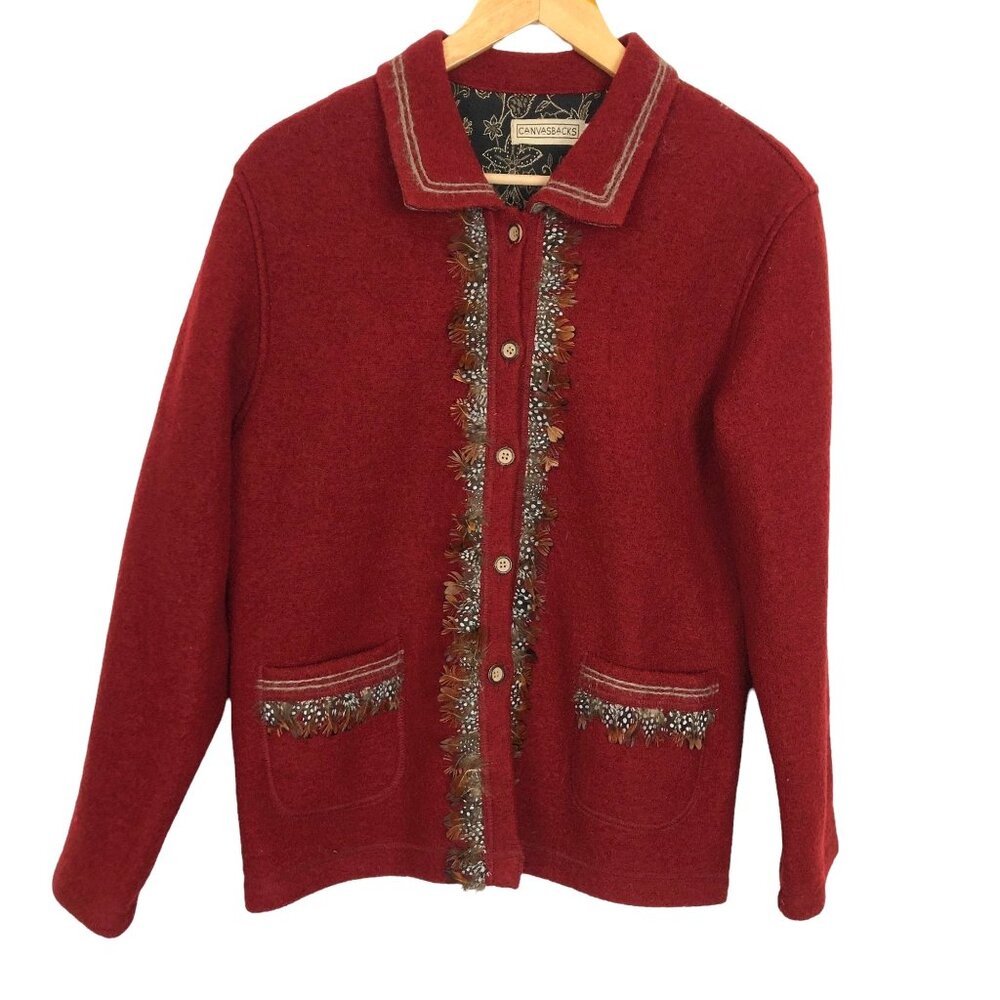 Vtg Canvasbacks Red Wool Jacket Women's Medium Feather Trim Button Front Western